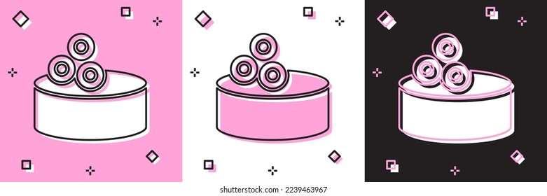Set Tin can with caviar icon isolated on pink and white, black background.  Vector