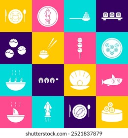 Set lata de estanho com caviar, Tubarão, Caviar na placa, colher, Sushi, Takoyaki, Caranguejo servido e ícone de pau. Vetor
