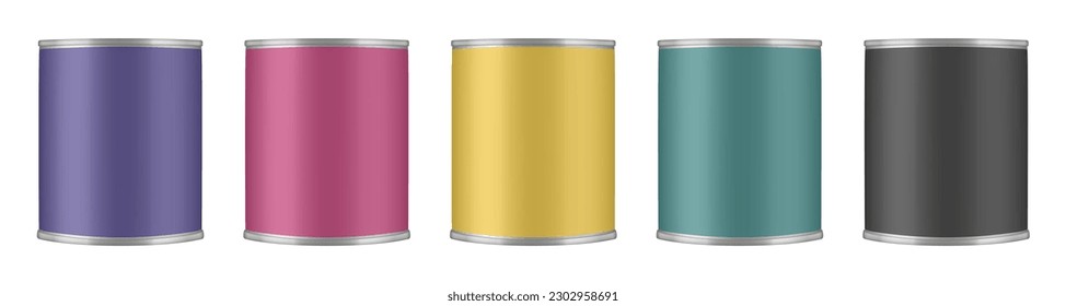 Set of tin cans, round steel containers for soup, milk, beans or meat. Purple, red, black, gold and green labels. Glossy paint can