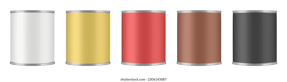 Set of tin cans, round steel containers for soup, milk, beans or meat. White, gold, red, brown and black labels. Glossy paint can