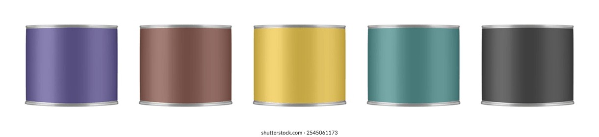 Conjunto de latas de estanho, recipientes de aço redondo para pintura de esmalte. Rótulos roxo, marrom, preto, dourado e verde. Lata de tinta brilhante