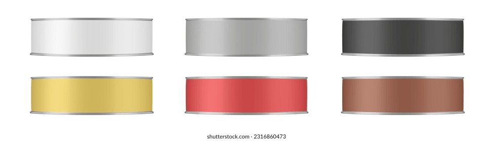 Set of tin cans for sardines, anchovies, sprats or tuna preserves. White, gray, black, gold, red and brown labels. Canned food mockup