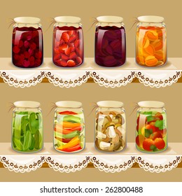 set with tinned fruits, berries, vegetables on vintage shelf. vector illustration