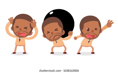 Set of tiny black business man character in actions. Isolated vector. Need help.