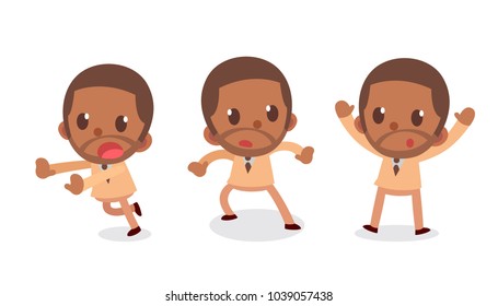 Set of tiny black businessman character in actions. Scared. Isolated vector.