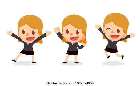 Set of tiny business woman character in actions. Isolated vector. Happy woman.