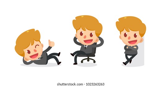 Set of tiny businessman character in actions. Relax. Isolated vector.