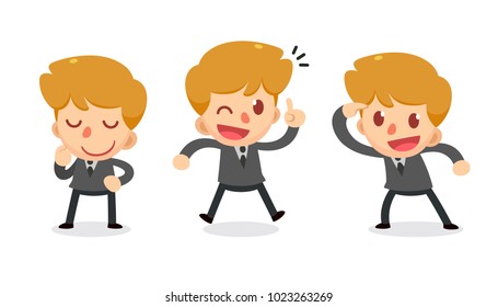 Set of tiny businessman character in actions. Proud. Isolated vector.