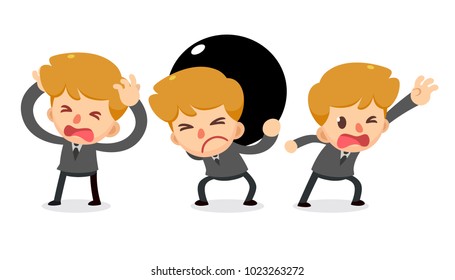 Set of tiny businessman character in actions. Need help. Isolated vector.