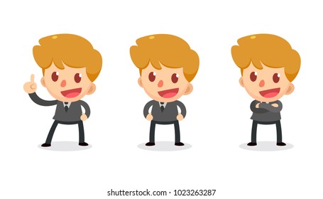 Set of tiny businessman character in actions. Confidence. Isolated vector.