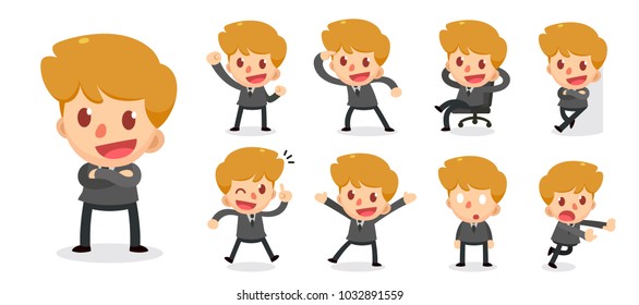 Set of tiny businessman character in actions. Isolated vector.