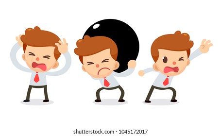 Set of Tiny businessman character in actions. Need some help. Isolated vector.