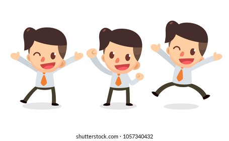 Set of Tiny businessman character in actions. Happy. Isolated vector.