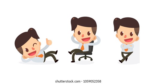 Set of Tiny businessman character in actions. Relaxing time. Isolated vector.