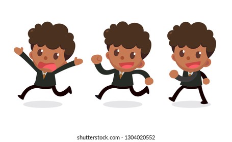 Set of tiny businessman character in actions. Isolated vector. Walk and run.