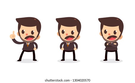 Set of Tiny businessman character in actions. Isolated vector. Speak and talk.