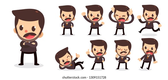 Set of tiny businessman character in actions. A man with a mustache. Isolated vector.