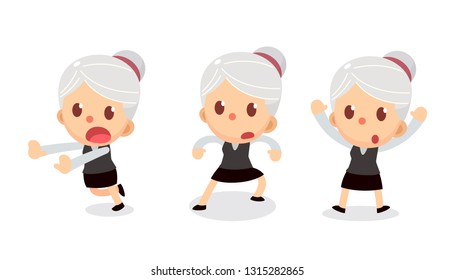Set of tiny businesswoman character in actions. A woman with gray hair. Surrender.