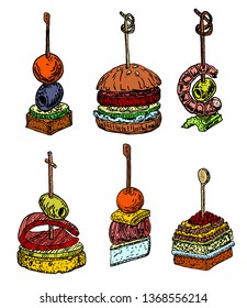 Set of tiny canapes on skewers. Mini sandwiches with croutons, olives, cheese, tomatoes. Finger food. Restaurant, cafe snack, appetizer. Vector illustration, hand drawn color sketch.