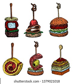Set of tiny canapes on skewers. Mini sandwiches with croutons, olives, cheese, tomatoes, shrimp. Finger food. Restaurant, cafe snack, appetizer. Vector illustration, hand drawn color sketch.
