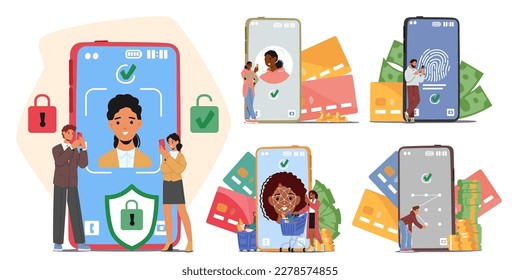 Set Tiny Characters Insert Personal Data On Phone Screen. Concept Of Data Protection, Cybersecurity Awareness, Secure Storage And Management Of Personal Information. Cartoon People Vector Illustration