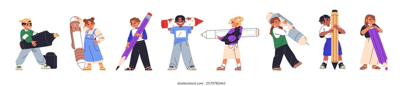 Set of tiny children with big stationery. Happy kids writing with huge pen, drawing with pencil, crayon. Creative students hold large highlighter, chalk. Flat isolated vector illustrations on white