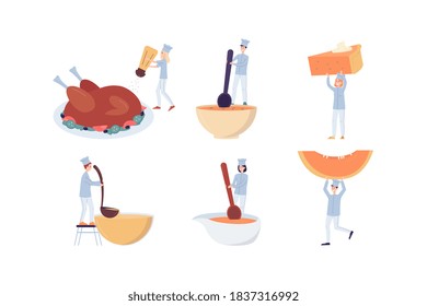 Set of tiny cooks cooking autumn dishes, flat vector illustration isolated on white background. Thanksgiving and Halloween holidays menu meals collection.