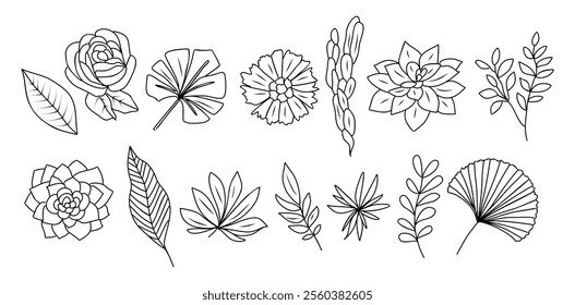 Set of tiny flowers and plants line art vector botanical illustrations. Trendy greenery hand drawn black ink sketches collection. Modern design for logo, tattoo, wall art, branding and packaging.