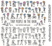Set of tiny hand drawn people walking with their umbrellas in the rain