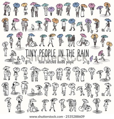 Set of tiny hand drawn people walking with their umbrellas in the rain