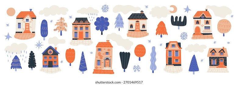 Set with a tiny house and trees clouds and smoke on a village street. Educational materials for winter-themed activities