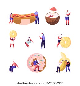 Set of Tiny Male and Female Characters Interacting with Huge Food Hot Dog Donut Banana Coconut and Pineapple Slices. People Eating Fast Food and Fruits in Cafe Meal. Cartoon Flat Vector Illustration