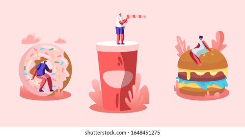 Set Of Tiny Male And Female Characters Interacting With Fastfood. Huge Burger With Mustard, Donut And Soda Drink. People Eating Street Fast Food In Cafe, Junk Meal. Cartoon Flat Vector Illustration