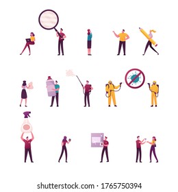Set of Tiny Male and Female Characters with Huge Magnifying Glass, Pencil and Aerosol, People with Sanitizers Cleaning and Washing Hands, Coronavirus Cell Disinfection. Cartoon Vector Illustration