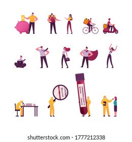 Set of Tiny Male and Female Characters Collect Money in Piggy Bank, Huge Coronavirus Blood Test, Bike and Moped Delivery Service. Business People in Super Hero Cape. Cartoon Vector Illustration