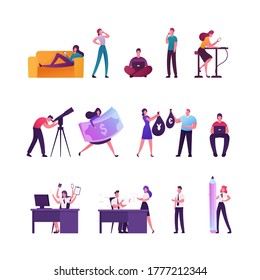 Set of Tiny Male and Female Characters Relaxing with Gadgets, Using Smartphone or Laptop, People with Huge Dollar Bill and Money sacks. Mann Look in Telescope, Office Work. Cartoon Vector Illustration