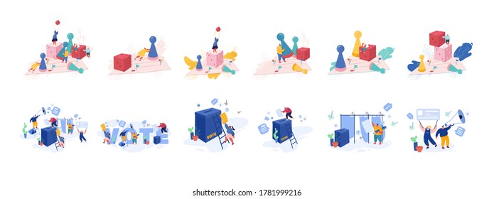 Set of Tiny Male and Female Characters Playing Board Games and Vote on Polling. People Moving Huge Chips and Throw Dice, Put Voting Paper into Box. Political Election. Cartoon Vector Illustration