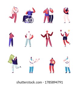 Set of Tiny Male and Female Characters Singing in Karaoke Bar, Woman with with Huge Money Bill, Hypocrisy and Disability. Medicine Cost, Handicapped People Rehabilitation. Cartoon Vector Illustration