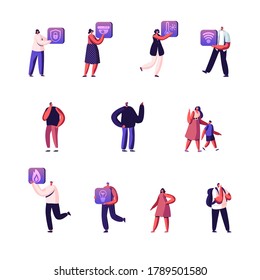 Set of Tiny Male and Female Characters with Buttons or Icons for Smart Home Application. People using Smart Technologies for Control Home Appliances. Men and Women Smoking. Cartoon Vector Illustration