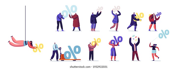 Set of Tiny Male and Female Characters Holding Huge Percent Signs Isolated on White Background. Discount Promotion, Savings and Sales Offer. Bank Loan Calculation. Cartoon People Vector Illustration