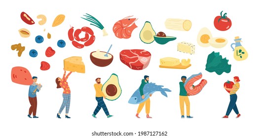 A set of tiny male and female characters following a keto diet with healthy food. Concept of low-carb nutrition. Flat cartoon vector isolated illustrations.
