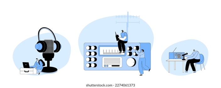 Set Tiny Male Or Female Characters Radio Amateurs At Huge Receiver. Men And Women Using Walkie Talkie, Program