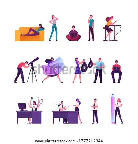 Set of Tiny Male and Female Characters Relaxing with Gadgets, Using Smartphone or Laptop, People with Huge Dollar Bill and Money sacks. Mann Look in Telescope, Office Work. Cartoon Vector Illustration