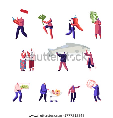 Set of Tiny Male and Female Characters with Huge Fish, Red Hot Chilli Pepper and Palm Leaves, Frozen Food, Ice Cube, Shopping Trolley. People in Traditional Asian Clothes. Cartoon Vector Illustration