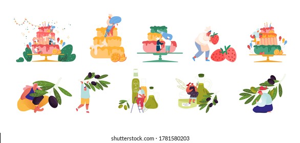 Set of Tiny Male and Female Confectioner Characters Cooking Huge Birthday Cake Decorating with Cream and Berries. People Produce and Using Olive Oil. Bakery, Pastry Food. Cartoon Vector Illustration