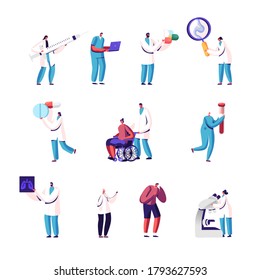 Set of Tiny Male and Female Doctors and Patients Characters with Huge Pills, Magnifier and Microscope, Lungs Xray. People Visiting Hospital for Practitioner Appointment. Cartoon Vector Illustration