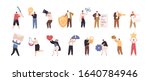Set of tiny people with big items isolated on white background. Collection of person different activities and occupation vector flat illustration. Cartoon characters holding various tools