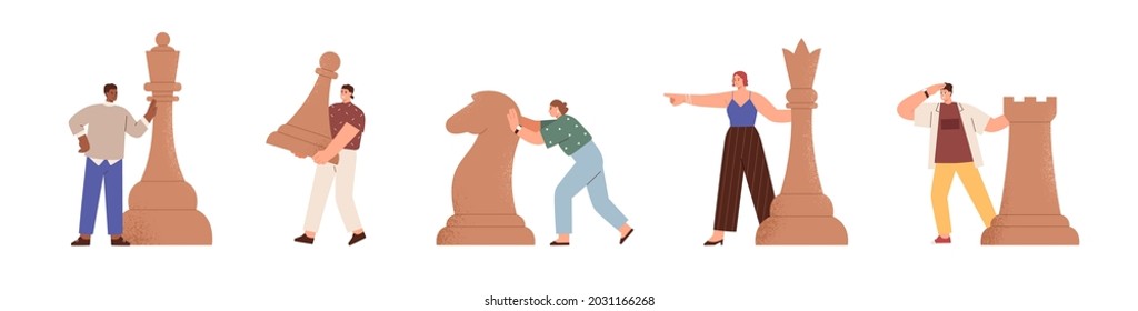 Gente pequeña con piezas de ajedrez. Estrategia de negocio y concepto de lógica. Hombres y mujeres inteligentes moviendo peones, rook, caballo y reina, jugando. Ilustración vectorial plana aislada en fondo blanco