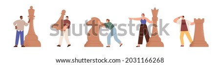 Set of tiny people with chess pieces. Business strategy and logics concept. Smart men and women moving pawn, rook, horse and queen, playing game. Flat vector illustration isolated on white background