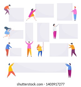 Set of tiny people with empty banner. Blank sheet of paper or a poster in a flat style.
